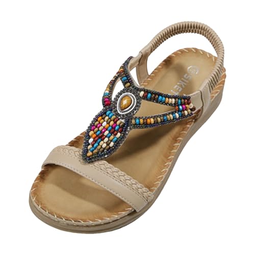 vohiko Flache Sandalen Damen Sommer Freizeit Zehentrenner mit Weiche Fußbett, Sandale Frauen Sandalette Bohemia Sandals mit Strass Perlen Casual Strand Schuhe Elegant Sommerschuhe Gr.37-42 von vohiko