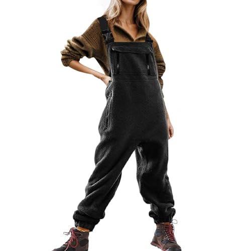 vohiko Latzhose Damen mit Taschen Fleece Jumpsuits für Damen Baggy Lässiger Haremshose Arbeitshose Warme Overalls Verstellbare Riemen Winter (Black, XXL) von vohiko