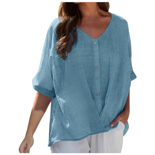 vohiko Musselin Bluse Damen Elegant Leinenbluse Sommer Langarm Hemdbluse Leinen Longbluse Blusenshirt Bügelfrei Tuniken Damenblusen mit Tasten von vohiko