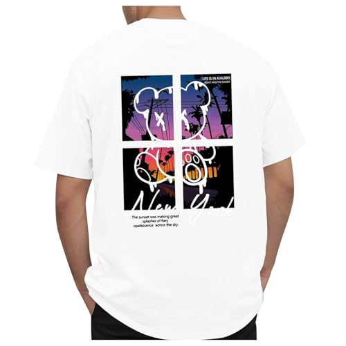 vohiko Oversized Tshirt Herren Sommer Backprint Sportshirt Bedrucken Rundhals Streetwear Baumwolle Kurzarm Shirt Männer Y2k Sport Oberteile Tops - Life is A Hurry，Dont Miss The Sunset von vohiko