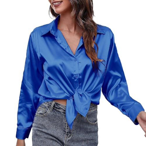 vohiko Satin Bluse Damen Elegant V Ausschnitt T-Shirt Basic Kurzarm Oberteile Vintage Tops Blusen Business Outfit Einfarbiger Freizeithemd Longsleeve Streetwear Unterziehshirt Langarmshirt von vohiko