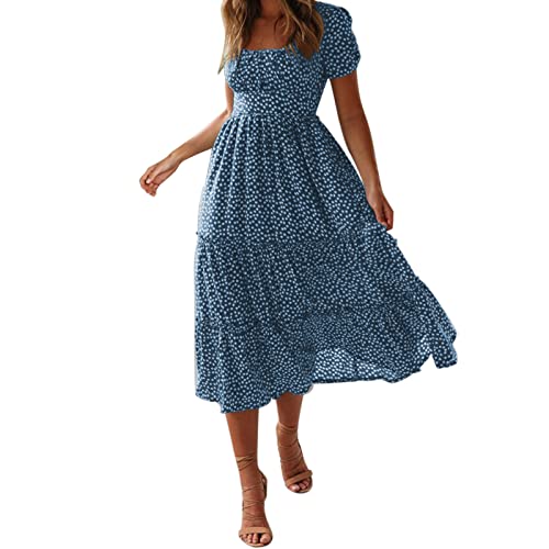 vohiko Sommerkleid Damen Knielang Midikleid mit Rüschen Blumenkleid Elegant Tunika A Linie Freizeitkleid Swing Kleider Boho Kleid Strandkleid von vohiko