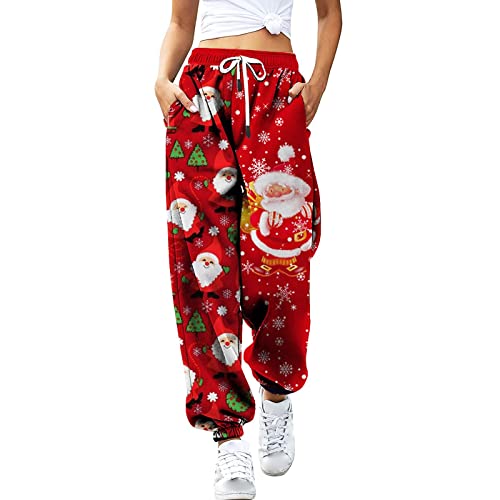 vohiko Weihnachtshose Damen Jogginghose Sporthose Lange Trainingshose mit Taschen Radlerhose High Waist Yogahose Sweathose Outdoorhose Freizeithose Bequem Wanderhose Frauen von vohiko