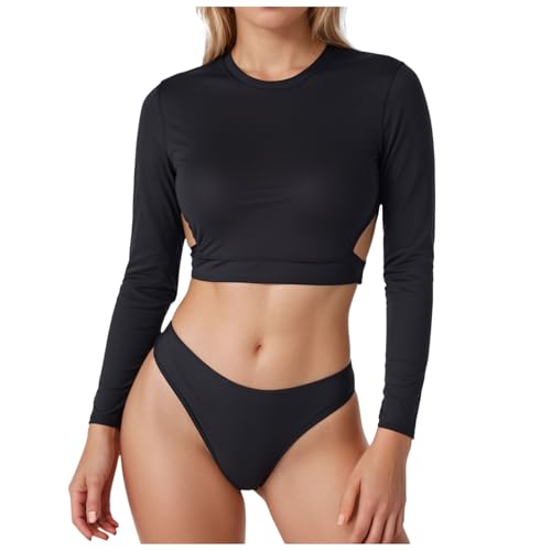 vohiko Zweiteiliger Rash Guard Langarm Badeanzüge Frauen Badeanzug Top mit Hohe Taille Kurz Tankini Set UV UPF 50+ von vohiko