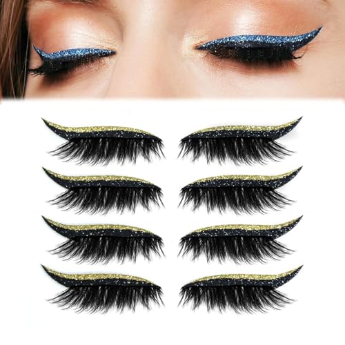 4 Paar Lazy Eyeshadow Wimpernpatch, Lazy Eye Shadow Eyelash Patch, Glitzer-Lidschatten-Aufkleber Mit Wimpern, Einfach Aufzutragender Lidschatten Und Wimpern in Einem, Ohne Kleber (B-Gold) von vokkrv