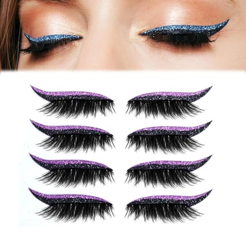 4 Paar Lazy Eyeshadow Wimpernpatch,Wimpern ohne Kleber,Glitzer-Lidschatten-Aufkleber Mit Wimpern,2-in-1 Wiederverwendbare Wasserdicht Augen-Make-up-Aufkleber,Einfach Aufzutragender (Lila) von vokkrv