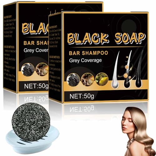 Black Soap Shampoo,Gray Reverse Shampoo Bar,Black Soap Grey Coverage Bar Shampoo,Anti Gray Bar for Men Women,Haaraufhellende Shampoo Bar,Fördert Haarwachstum und verhindert Haarausfall (2PC) von vokkrv