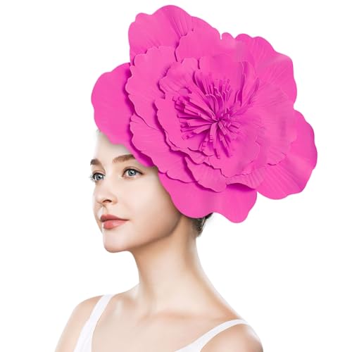 Fascinator mit Blume, große Blumenhüte für Damen, Blumen-Fascinator Schwarz für Damen, großes Blumen-Stirnband, Kostüm, Kopfbedeckung, Stirnband, große Blumen-Haarbänder (Rosarot) von vokkrv