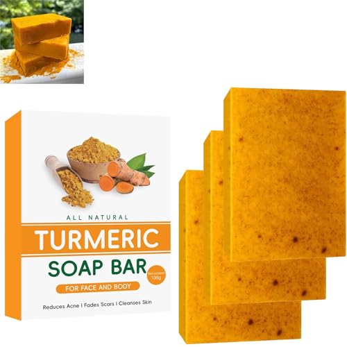 Lemon Turmeric Kojic Acid Soap,Skin Brightening Soap for Dark Spots,Kurkuma Seifenstück,Kurkuma Aufhellende Seife,Zitronen-Kurkuma-Kojic-Säure-Seife,Damen-Herren-Seifenstück für Gesicht & Körper (3PC) von vokkrv