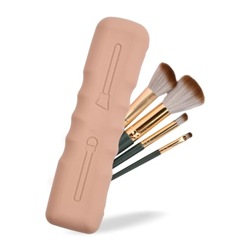 Volumoon Silikon Makeup Pinsel Halter, Reise Make Up Pinselhalter Pinsel Kosmetiktasche, Portable Reise make up pinsel tasche Kosmetik Organizer aus Silikon, Makeup Pinsel Organizer, Hellbraun von volumoon