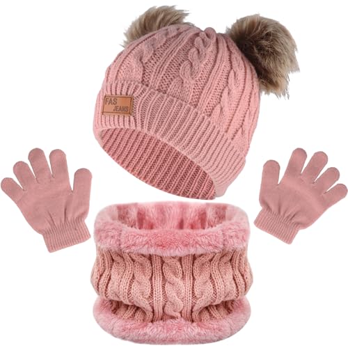 volumoon 3 Stück Mütze Schal Handschuhe Set Kinder,Beanie Hut Handschuhe Runder Schal Set mit Fleece Gefüttert, Warme Winter Strickset Mütze Schal und Handschuhe für Jungen,Mädchen 1-6 Jahre (Rosa) von volumoon