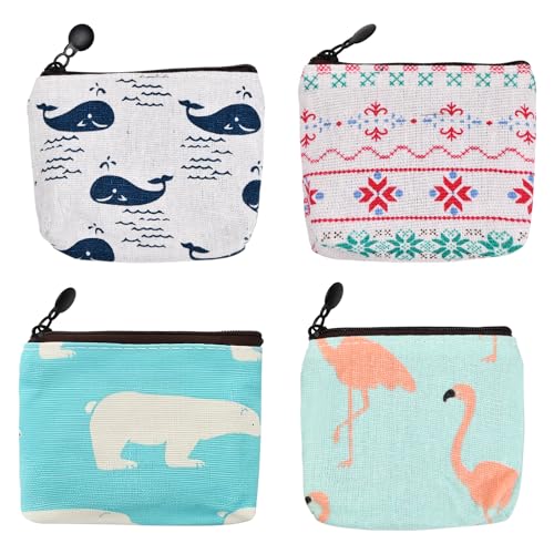 volumoon 4 Stück Mini Geldbörse, Kleines Portemonnaie Damen,Mini Täschchen mit Reißverschluss, Schminktasche Münztaschen Cartoon,Leinwand Canvas Kleine TäSchchen FüR MüNzen,Karten,SchlüSsel von volumoon