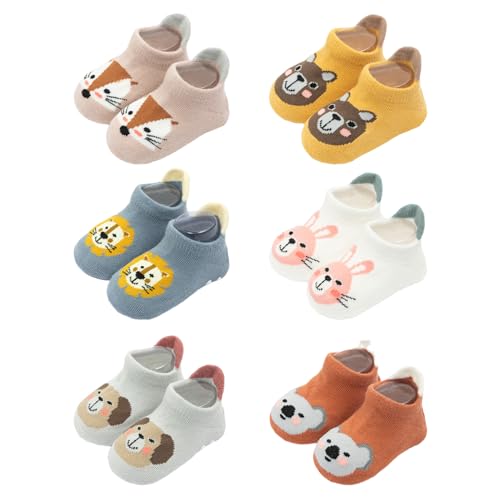 volumoon 6 Paar Baby Anti-Rutsch Socken, Kleinkinder Rutschsocken, Stoppersocken Kinder, Baumwolle Rutschfeste Socke, Cartoon Tiermotive,für Mädchen Jungen (DE/NL/SE/PL, Alter, 6 Monate, 12 Monate) von volumoon