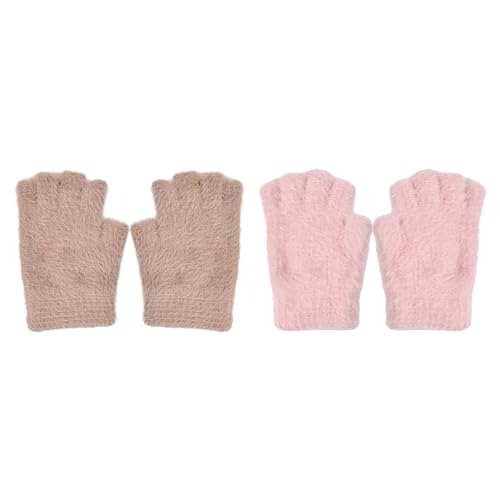 volumoon Fingerlose Handschuhe Damen, Winter Armstulpen Pulswärmer Stricken, Winter Warme Strickhandschuhe, Handschuhe ohne Finger für Männer Frauen Kaltes Wetter (2 Paar) (Rosa und Khaki) von volumoon