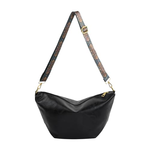 volumoon Umhängetasche Crossbody Damen, Kunstleder Halbmond Crossbody Schultertasche, Brusttasche Damen mit Breiter Gurt, Hobo Halfmoon Bag für Alltag Büro Schule Reisen (Schwarz) von volumoon