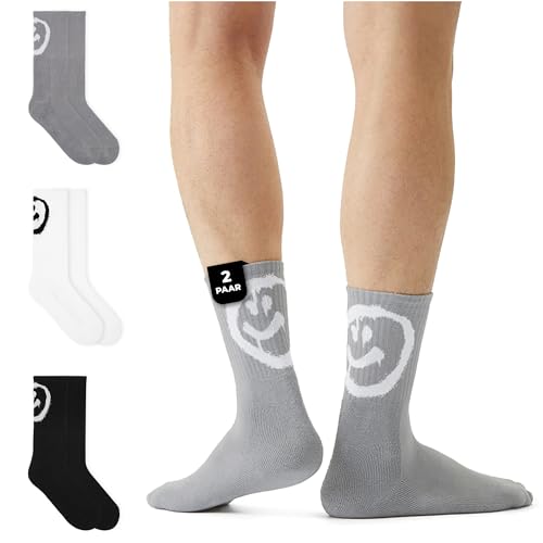 von Jungfeld 2er Set Graue Tennissocken Damen & Herren in Gr. 39-42 - Lange Socken (Crew Socks) aus Bio-Baumwolle - Strümpfe mit Smiley Statement von von Jungfeld