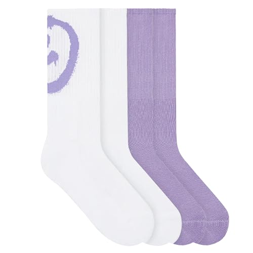 von Jungfeld® 2er Set Weiß/Lila Tennissocken Damen & Herren in Gr. 43-46 - Lange Socken (Crew Socks) aus Bio-Baumwolle - Strümpfe mit Smiley Statement von von Jungfeld