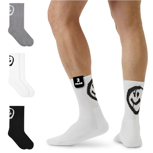 von Jungfeld 2er Set Weiße Tennissocken Damen & Herren in Gr. 43-46 - Lange Socken (Crew Socks) aus Bio-Baumwolle - Strümpfe mit Smiley Statement von von Jungfeld