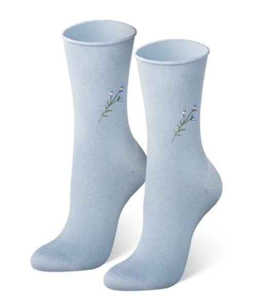 von Jungfeld Blaue Sticksocke mit Blumen-Motiv für Damen | Bio-Baumwolle von von Jungfeld