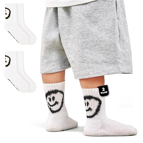 von Jungfeld Tennissocken für Kinder Gr. 23-26 für Jungen & Mädchen - 2er Set Sportsocken Kinder (Crew Socks) aus Bio-Baumwolle - Kindersocken mit Smiley-Motiv von von Jungfeld