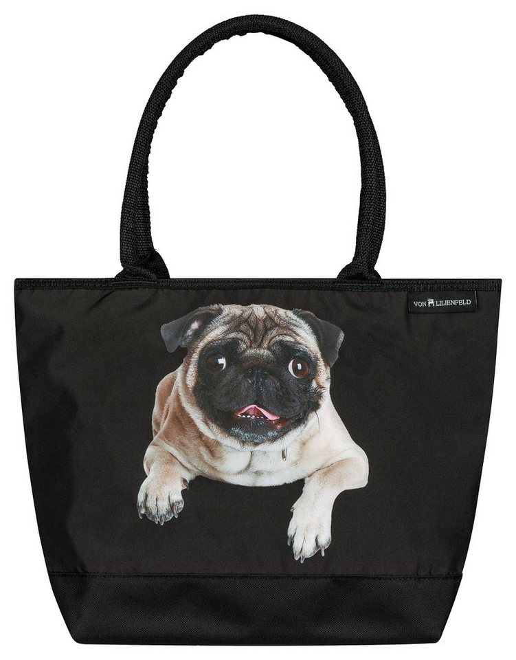 von Lilienfeld Handtasche VON LILIENFELD Handtasche Damen Motiv Mops Hund Shopper Maße L42 x H30 x T15 cm Strandtasche Henkeltasche Büro, Motivdruck auf der Vorderseite von von Lilienfeld