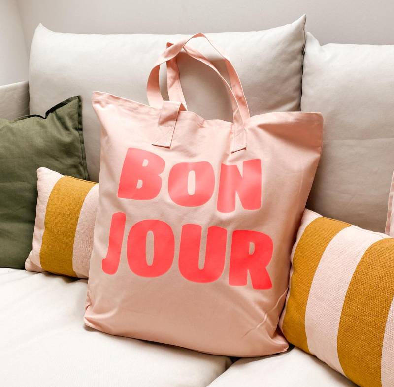 Tasche Für Damen | Bonjour Stofftasche Illustration Strandtasche Ballonschrift Neon Taschen Olympia Feeling von vonGerSa
