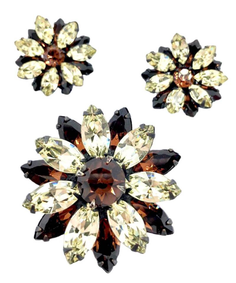 Braune Blumen Brosche & Ohrringe Set/strasssteine von vonWalhofJewelry