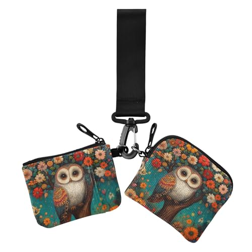 2 x Münzgeldbörse mit Eulen-Motiv, Kreditkartenetui, Mini-Geldbörse, Geldorganizer mit Handgelenkschlaufe, Kunstmalerei Eule Blume, 1 size, Druckkunst von voucong