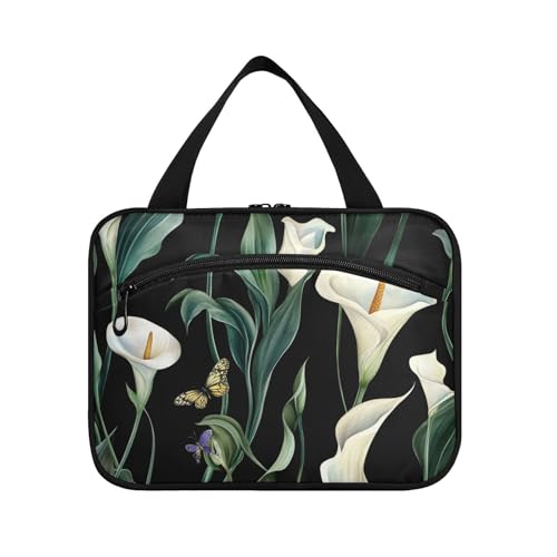 Art Calla Lily Flower Green and White Hanging Travel Bag for Men with Hook, Designer Chic Make up Bags for Travelers Toilet estuche para brochas maquillaje L von voucong