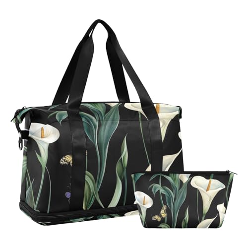 Art Calla Lily Flower Wochenendtasche mit Nasstasche, verstellbarem Riemen, großer Turnbeutel zum Wandern, 2-teiliges Set, für Damen und Herren von voucong