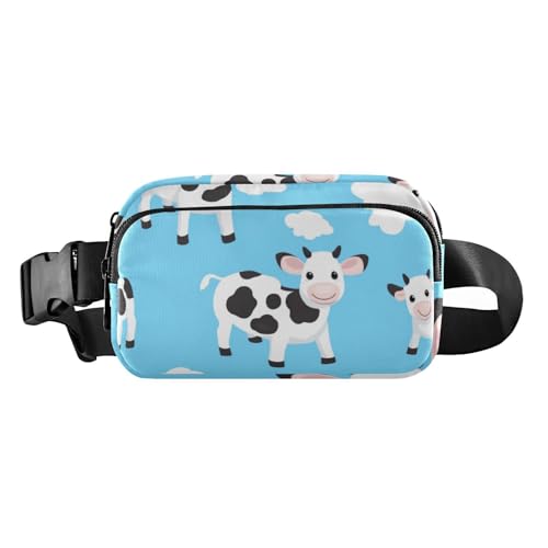 Bauchtasche mit niedlichem Cartoon-Motiv, Motiv: weiße Kuh, blauer Himmel, trendige Bauchtasche für Damen, Herren, Teenager, wasserabweisend, mit verstellbarem Riemen für Reisen, Einkaufen, Laufen von voucong