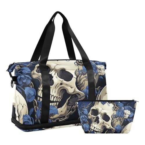 Blaue Blumen Totenköpfe Hippie Wochenendtaschen mit Nasstasche, verstellbarem Riemen, Workout-Tasche zum Wandern, 2-teiliges Set für Männer und Frauen von voucong