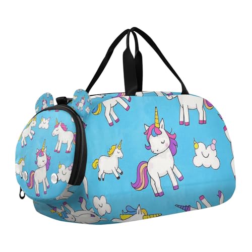 Blaue Cartoon-Einhörner Mädchen Gym Duffel Bag mit Schuhfach Multifunktionale Handgepäcktasche Weekender Tasche für Reisen, Sport, Duffel, Weekender von voucong