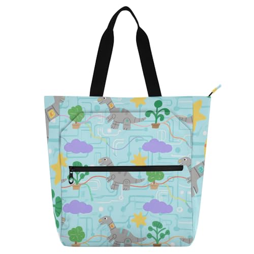 Blaue Roboter-Dinosaurier-Kinder-Bücher-Tragetasche für Jungen, Mädchen, Erwachsene, leicht, Schule, Strand, Einkaufstasche mit Reißverschluss, für Schule, Arbeit, Reisen von voucong