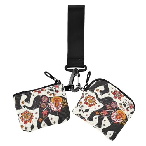 Boho-Geldbörse für Damen, Elefanten- und Blumenmotiv, dünn, tragbar, mit Reißverschluss, für Arbeit, Reisen, 2 Stück, Elefanten, Blumen Elefanten Böhmen Schwarz, 1 size, Kunstdruck von voucong