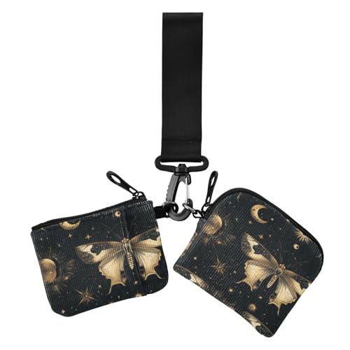 Boho Schmetterling Mond Schwarz Gold Damen Geldbörsen Kartenhüllen Mini Mode Ausweis Schutz mit Reißverschluss Münzfach für Damen 2 Stück, Boho Schmetterling Mond Schwarz Gold, 1 size, Druckkunst von voucong