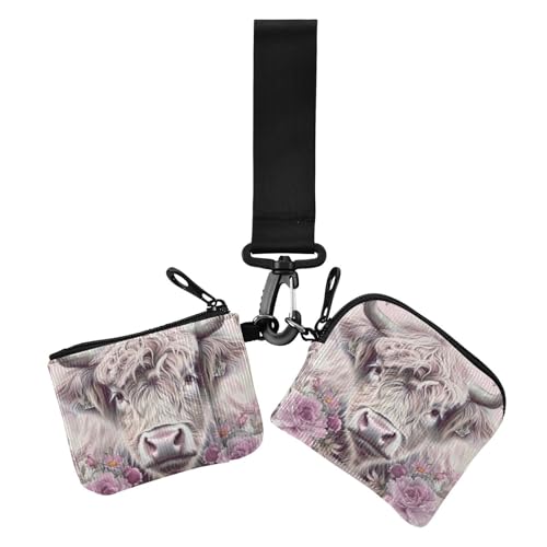 Boho Schottland Kuh Pfirsich Damen Kartenetuis Kleingeldhalter Slim Portable Reißverschluss Geldbörse Münztasche mit Reißverschluss Münzfach für den täglichen Gebrauch 2 Packungen, Boho Schottland Kuh von voucong