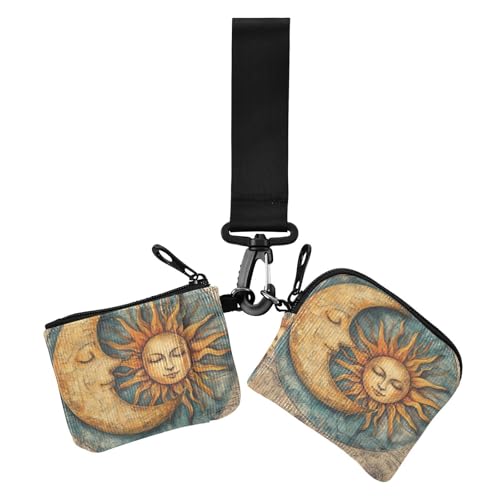 Boho Vintage Mond und Sonne Damen Kartenetuis Kleingeldhalter Große Kapazität Reißverschluss Bargeld Münzbörse mit Reißverschlusstasche für Arbeit Reisen 2 Packungen, Boho Vintage Mond und Sonne, 1 von voucong