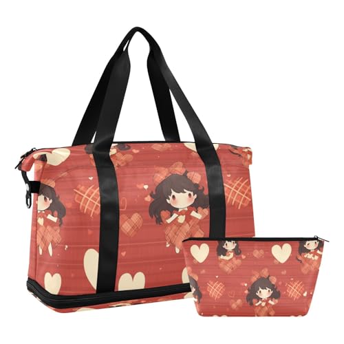 Buffalo Plaid Anime Valentinstag Cartoon Handgepäcktasche Weekender Übernachtungstasche mit Nassfach verstellbarem Riemen Sport Seesack für Flugzeug Reisen große Kapazität für Männer Frauen von voucong