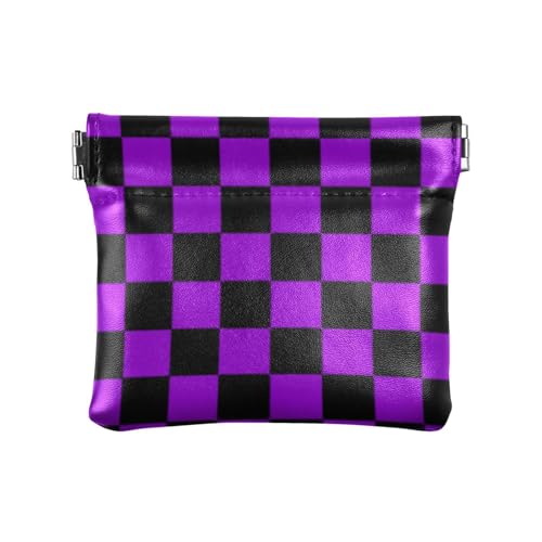 Buffalo Plaid Check Black Violet Damen PU Leder Münzbörse Tragbare Mini Kleingeld Geldbörse Münzfach für Frauen, Büffelkaro Schwarz Violett, 1 size, Druckkunst von voucong