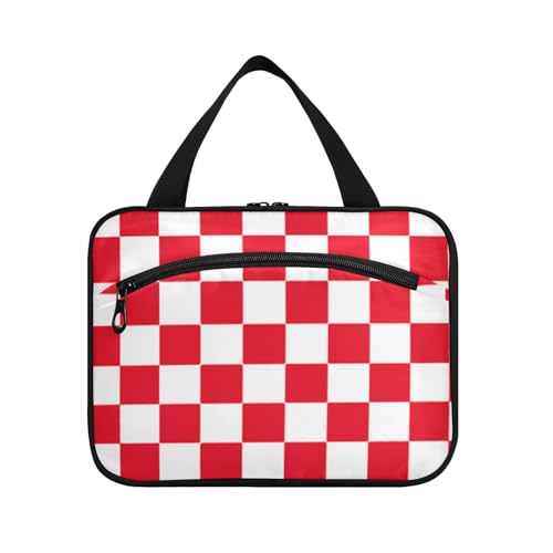 Buffalo Plaid Check White Red Hanging Large Capacity Travel Cosmetic Bag with Hook, Designer Compact Skin Care Bag for Women Must Haves Toilet Bolso Viajero para Mujer L von voucong
