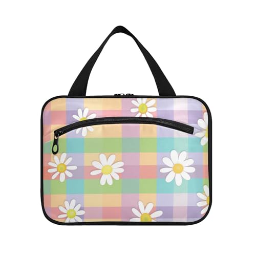 Bunte Regenbögen mit weißen Gänseblümchen zum Aufhängen, Make-up-Tasche für Damen, mit Haken, Designer-Essentials-Etui für Toilettenartikel für Reisende, Bolso de para Mujer L von voucong