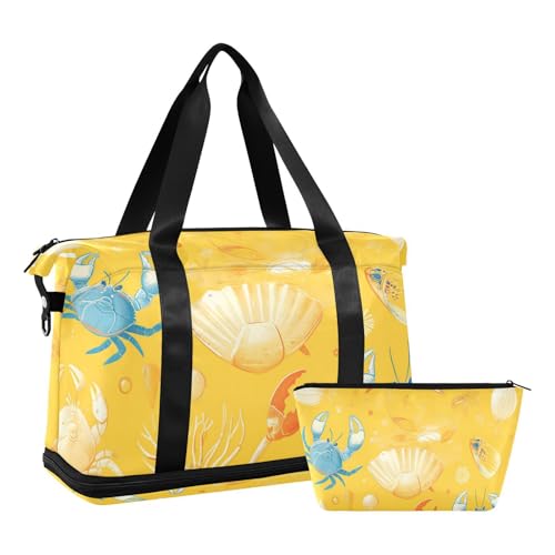 Cartoon Hufeisen Krabbe Hellgelb Große Tasche mit Nasstasche Verstellbarer Riemen Turnbeutel für Sport Große Kapazität für Männer Frauen von voucong