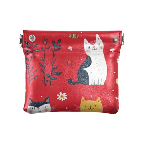Cartoon Lustige Katze Rot Damen Leder Münzgeldbörse Niedlich Mini Kartenhalter Geldbörse für Frauen Damen, Cartoon lustige Katze, Rot, 1 size, Druckkunst von voucong