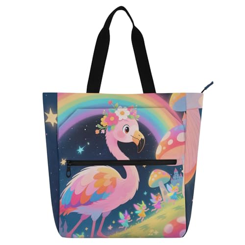 Cartoon Regenbogen Flamingo Kinderbuch Tragetasche für Jungen Mädchen Erwachsene Leichte Mädchen Wiederverwendbare Einkaufstasche Handtasche mit Reißverschluss für Schule Einkaufen Strand von voucong
