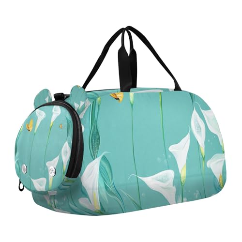Chic Calla Lilie Türkis Blumen Mädchen Gym Seesack mit Schuhfach Multifunktionale Wochenend-Reisetasche für Reisen, Sport, Duffel, Weekender von voucong