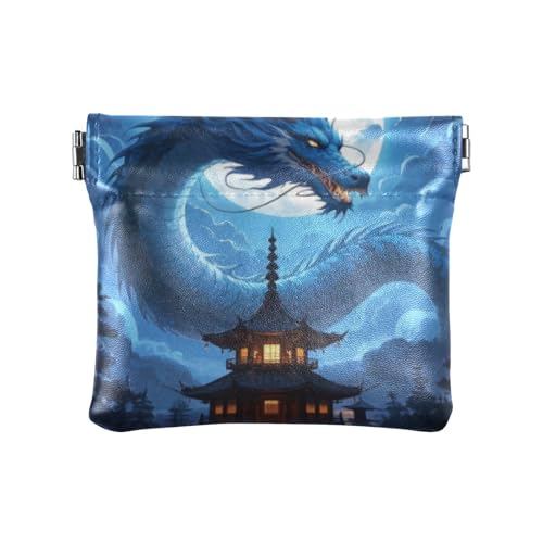Chinesischer Drache blauer Mond PU-Leder Kleingeldbörse niedlicher Schmuck-Organizer für Damen, Chinesischer Drache, blauer Mond, 1 size, Druckkunst von voucong