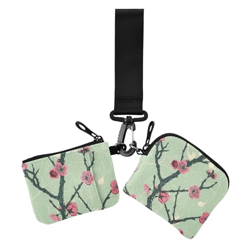 Chinesischer Stil Pflaumenblüte grün Ölgemälde Damen Münzbeutel Kartenhalter klein abnehmbare Kartenetui Geld Organizer mit Schlüsselanhänger für Frauen 2 Stück, Ölgemälde im chinesischen Stil, von voucong