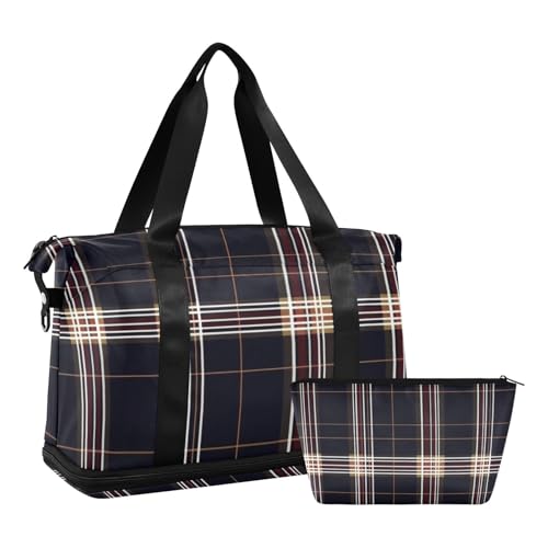 Dunkelbraun karierte Retro-Wochenendtasche mit Nasstasche, verstellbarem Riemen, Turnbeutel für Workout, 2-teiliges Set für Männer und Frauen von voucong