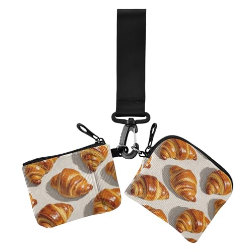 Ein Croissant in Ölgemälde braun doppelte Geldbörse Kreditkartenhalter Brieftasche schmal abnehmbare Personalausweis Schutz mit Schlüsselanhänger für Damen 2er-Pack, Ein Croissant in braunem von voucong